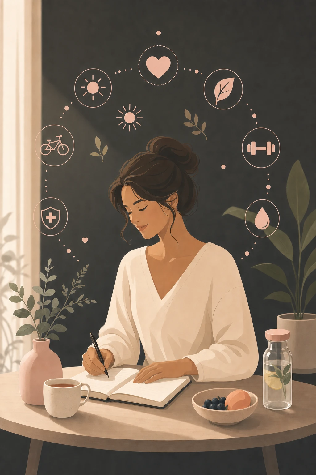 Woman journaling with tea and fruit at a sunlit table, surrounded by icons for heart health, nutrition, fitness, hydration, energy, and immune support