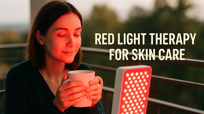 Woman using red light therapy for skin care while having a warm cup of coffee