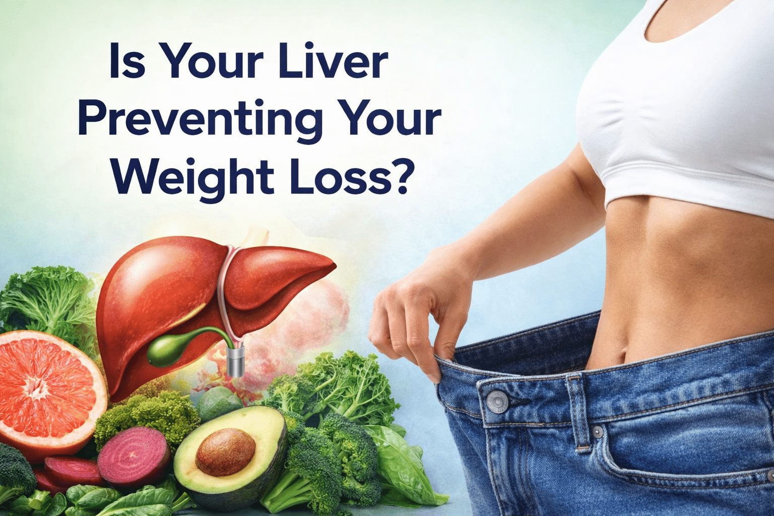 Is your liver preventing your weight loss concept with woman in loose jeans and liver illustration with healthy foods