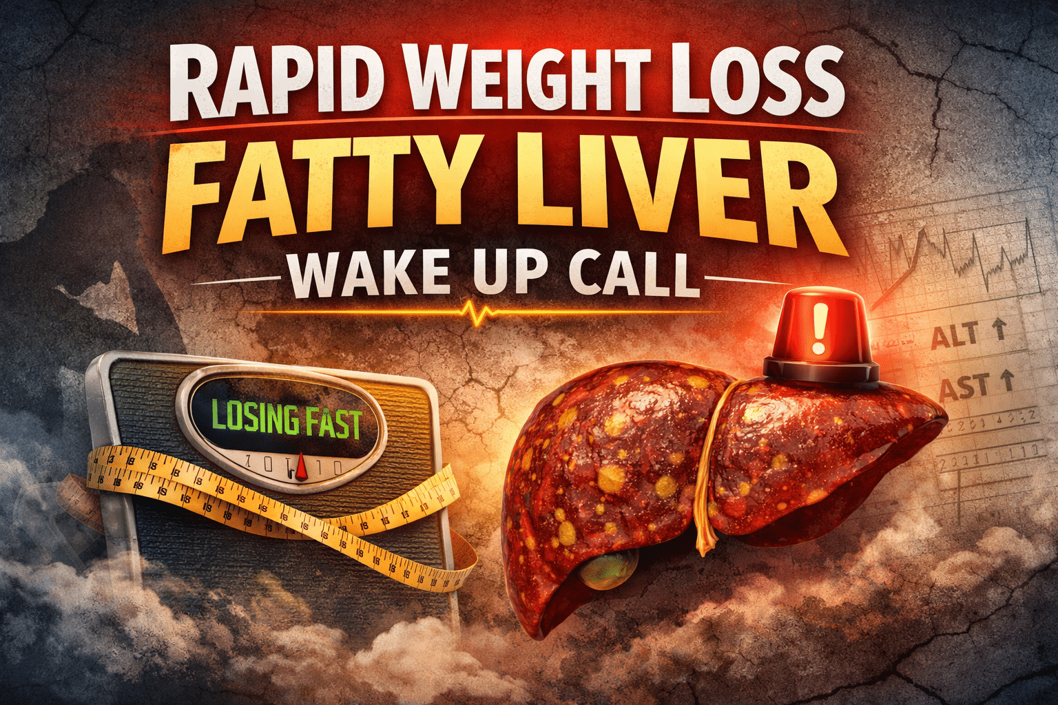 Rapid weight loss fatty liver wake up call feature image showing a bathroom scale reading “losing fast” next to a detailed illustration of a fatty liver with warning light and elevated ALT and AST markers in the background.